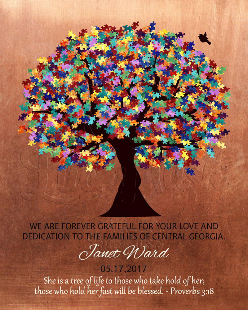 Puzzle Pieces Autism Tree Quote Colorful Leaves on Copper teacher appreciation Wall Plaque LTC-1497