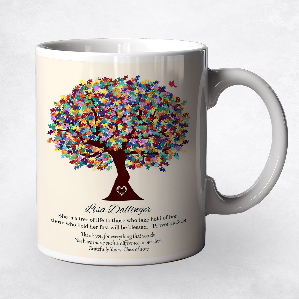 Closeup image of Colorful Puzzle Pieces Autism Tree  teacher appreciation Coffee Mug M-1499