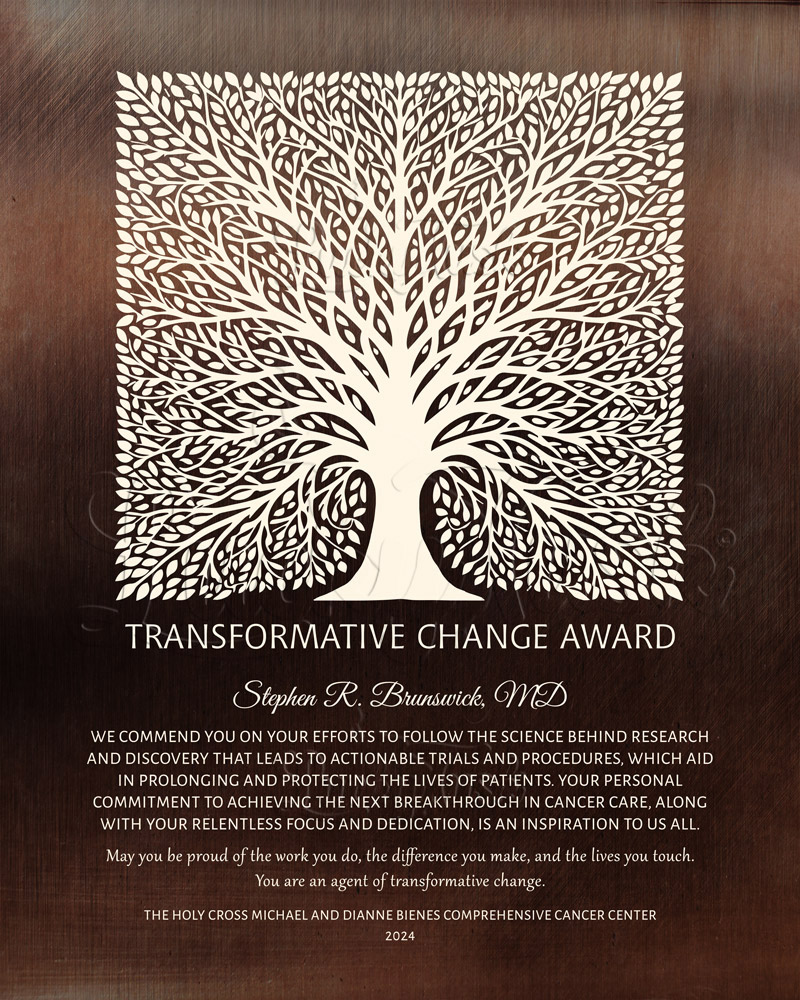 Transformative Change Award for Medical Research Elaborate Square Tree on Bronze Medical Recognition Wall Plaque 1582