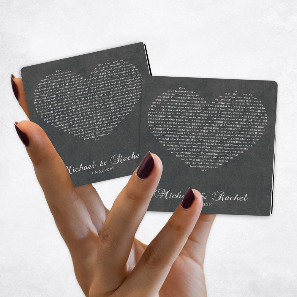 Close up picture of 2nd anniversary Song Lyrics in heart on Gray Stone Magnet Set MAG-1784