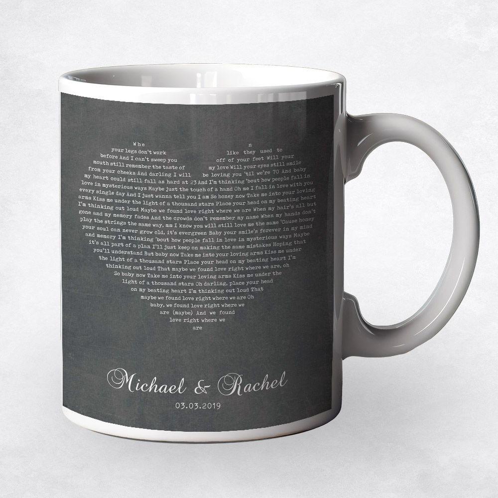 Closeup image of Song Lyrics in heart  2nd anniversary Coffee Mug M-1784