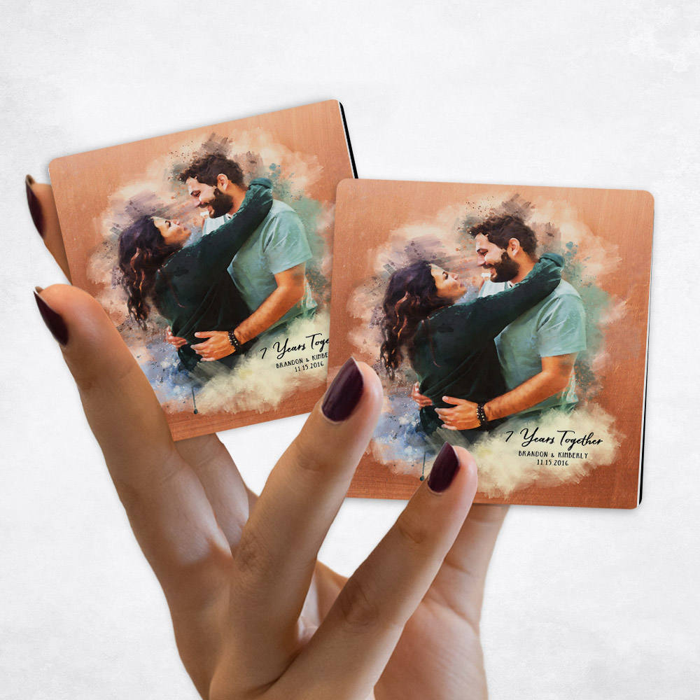 Close up picture of 7th anniversary Watercolor Couple Portrait on Copper Magnet Set MAG-1837