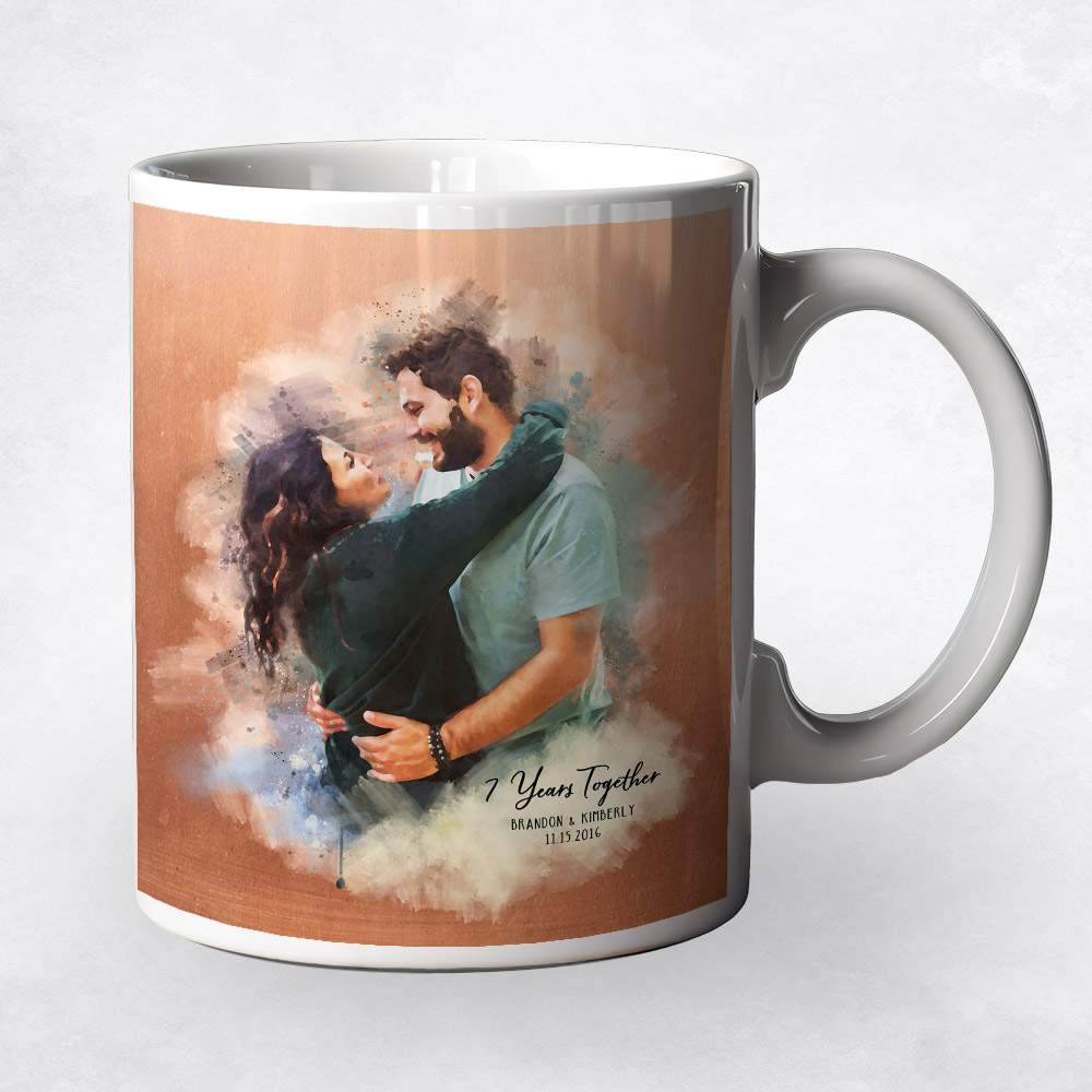 Closeup image of Watercolor Couple Portrait Copper 7th anniversary Coffee Mug M-1837