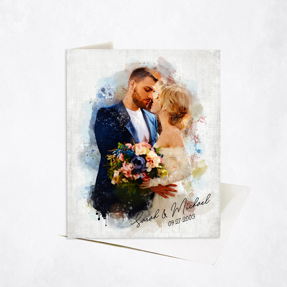 Picture of Watercolor Couple Portrait Wedding Photo 1st anniversary Stationery Card C-1843