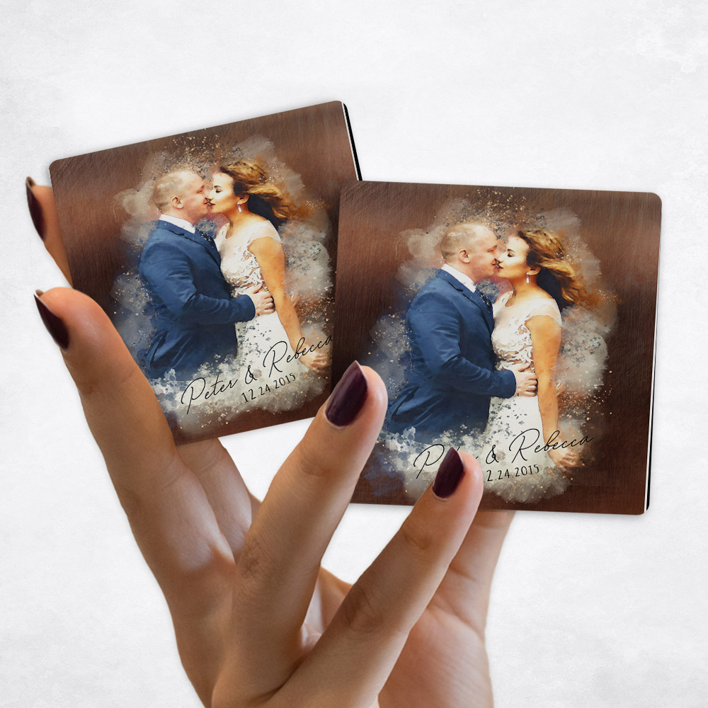 Close up picture of 8th anniversary Watercolor Couple Portrait on Bronze Magnet Set MAG-1845