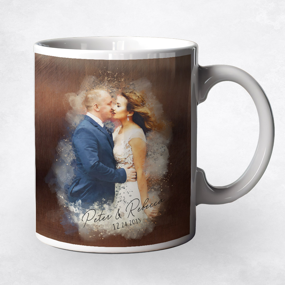 Closeup image of Watercolor Couple Portrait Bronze 8th anniversary Coffee Mug M-1845