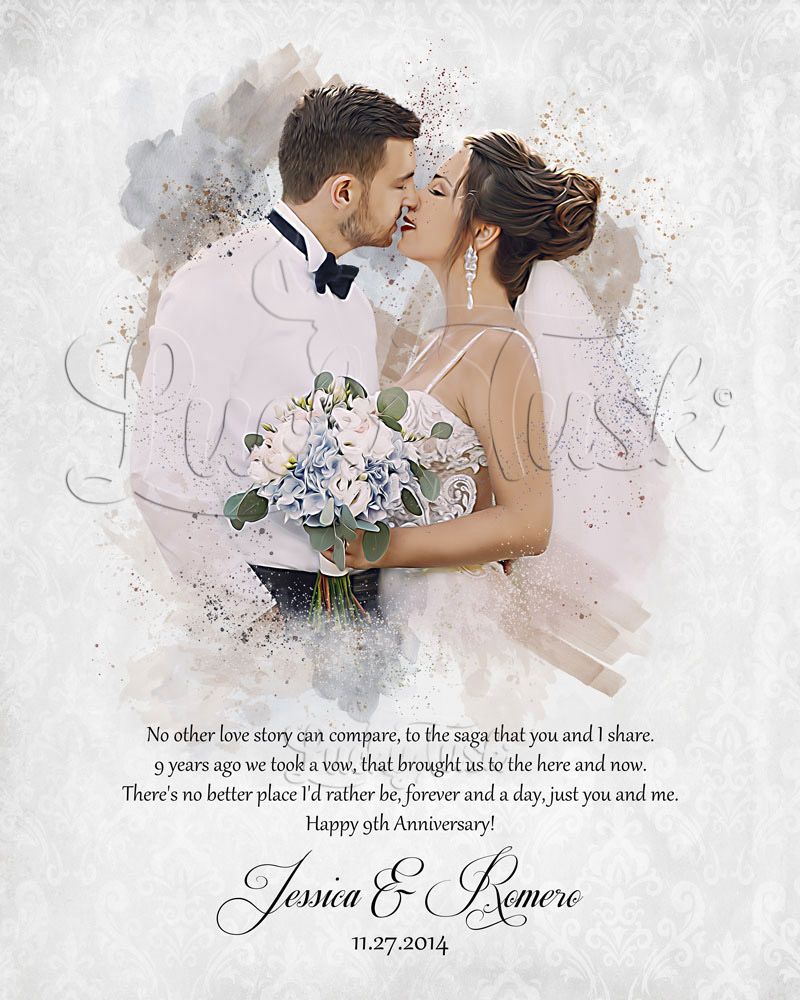 Watercolor Couple Poem and Portrait From Photo on Marble 9th anniversary Wall Plaque LTC-1853