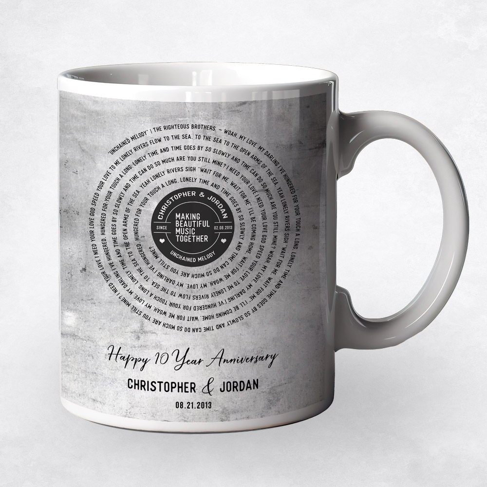 Closeup image of First Dance Lyrics Stanza Spiral Tarnished Tin 10th anniversary Coffee Mug M-1910