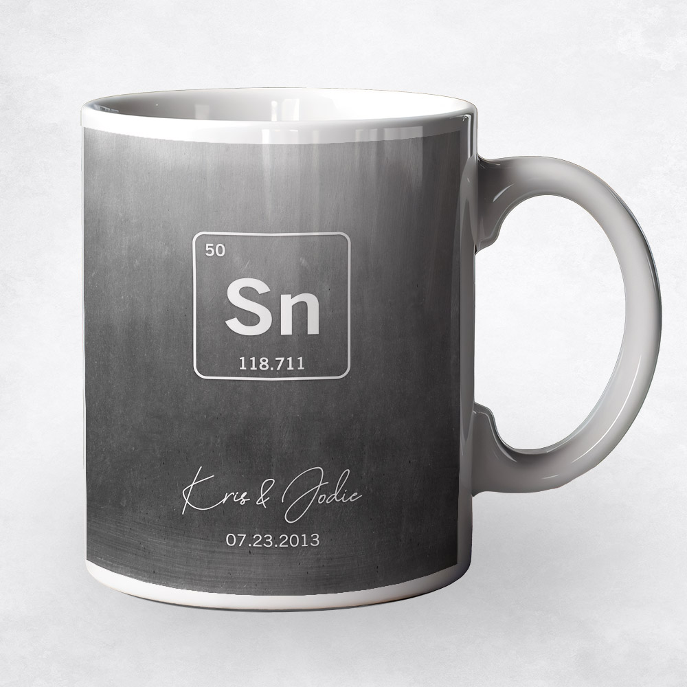 Closeup image of Custom Tin Element Symbol From Periodic Table Tin 10th anniversary Coffee Mug M-1915