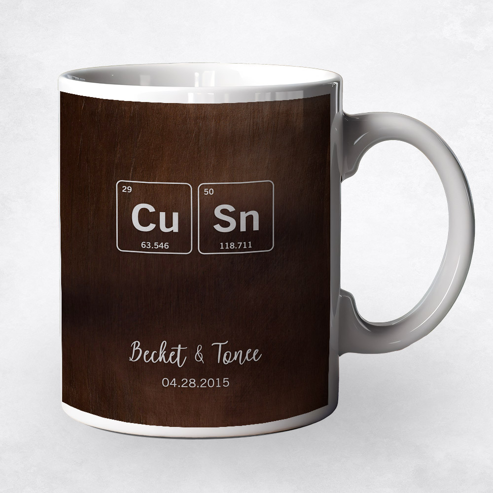 Closeup image of Bronze = Copper + Tin Element Symbols on Periodic Table Bronze 8th anniversary Coffee Mug M-1917