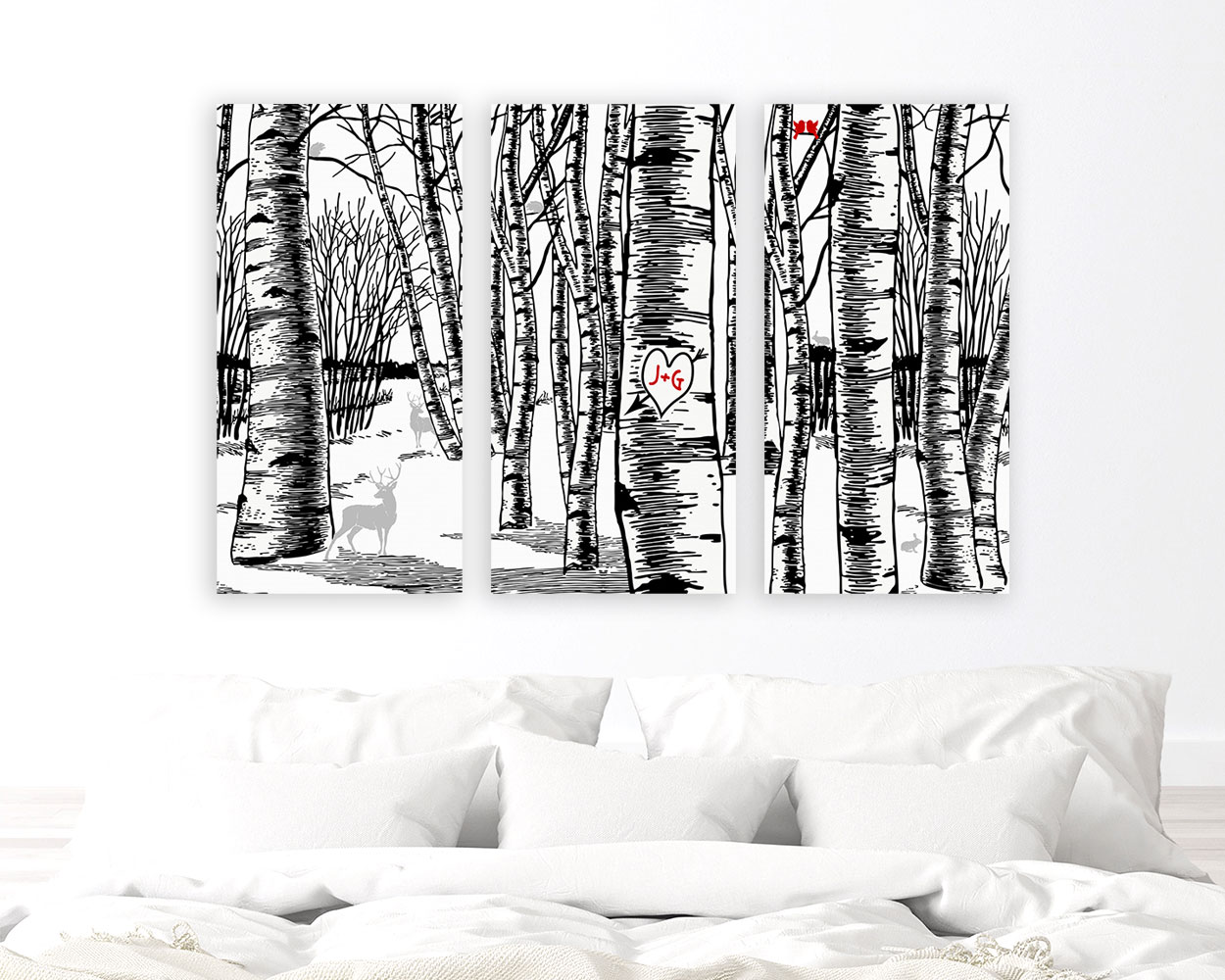 Extra large over-the-bed Birch trees and woodland animals in winter forest Canvas Set 3 Piece anniversary Gift for couple CVS-3802