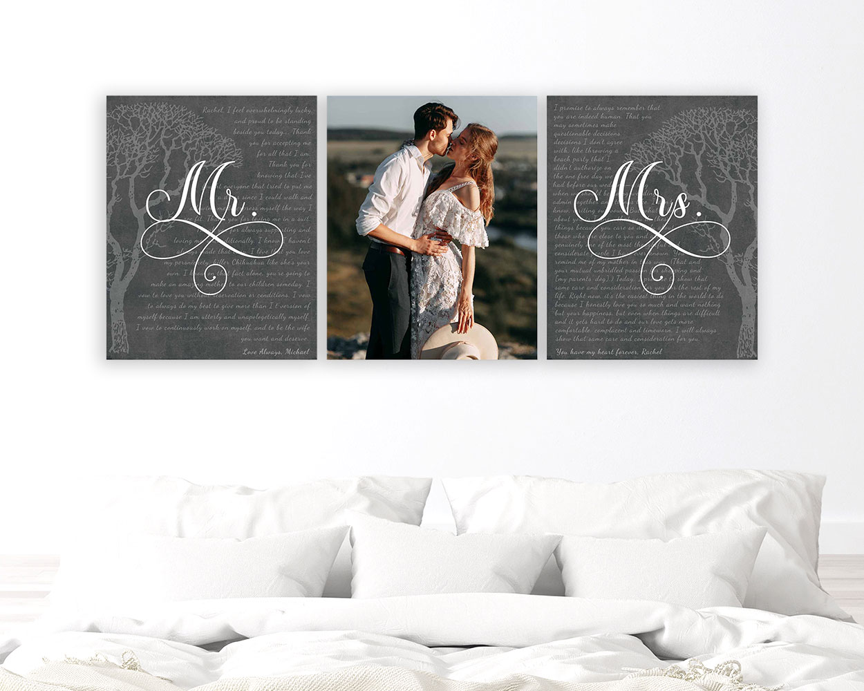 Extra large over-the-bed Wedding Vows and Photo for Mr and Mrs Canvas Set 3 Piece anniversary Gift for couple CVS-3803