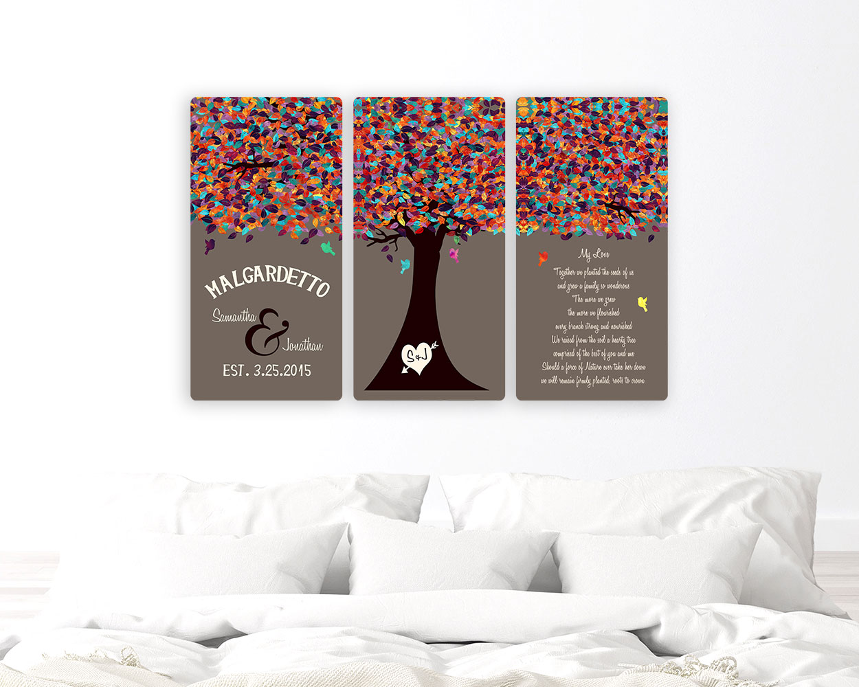 Extra large over-the-bed Large Spring Tree Colorful Ampersand Love Poem Canvas Set 3 Piece anniversary Gift for couple CVS-3804