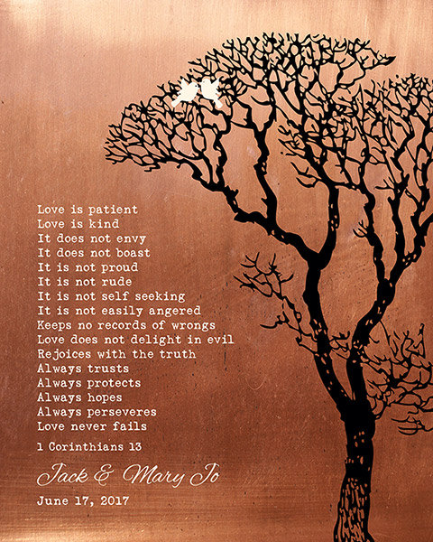 Copper Anniversary Gift for Couple Corinthians Beside Tree – Custom Art Print for Mary Jo L