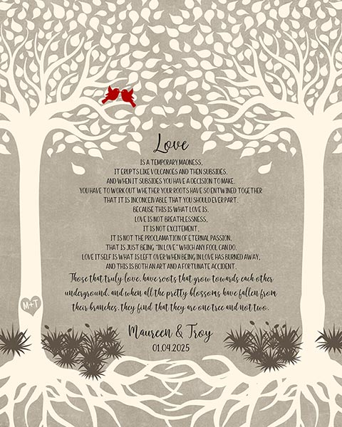 Wedding Gift for Couple Two Trees Love is a Temporary Madness – Custom Art Print for Maureen F