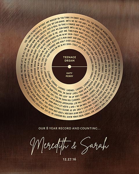 Our Song Lyrics for 8th Anniversary Spiral Bronze Record Label – Custom Art Print for Meredith M