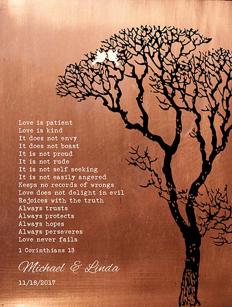 7 Year Anniversary Gift for Wife Copper Tree Love Birds Beside Corinthians – Custom Art Print for Michael W