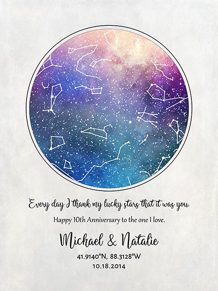 Anniversary Star Map on Metal Plaque 10th Anniversary – Custom Art Print for Natalie C