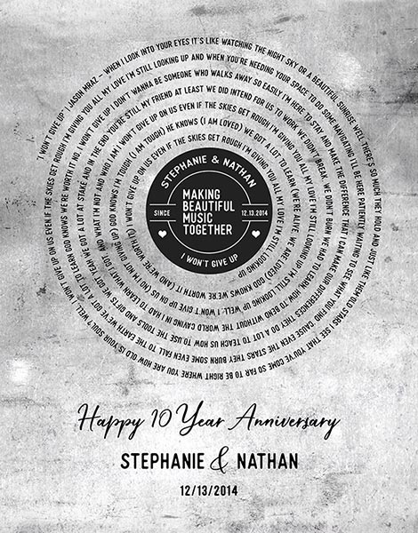 Song Lyrics Print 10th Anniversary Gift Wedding Song Custom Vinyl Lyrics – Custom Art Print for Nathan P