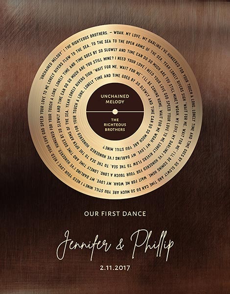 Our Song Lyrics Brass and Bronze 8th Anniversary Record Label Spiral – Custom Art Print for Phillip R