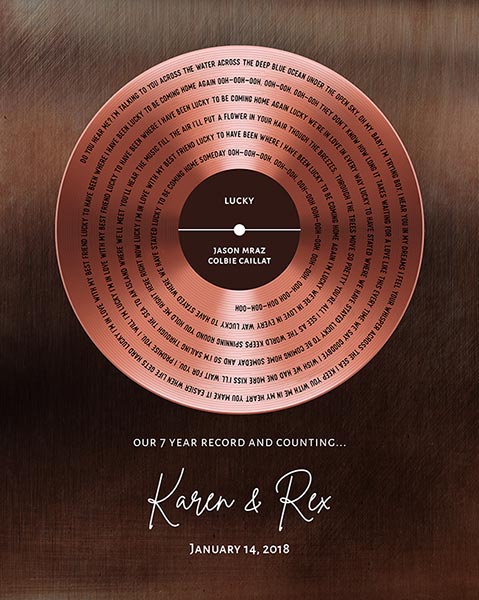 7th Anniversary Copper on Bronze Record Label Wedding Song Lyrics – Custom Art Print for Rex L