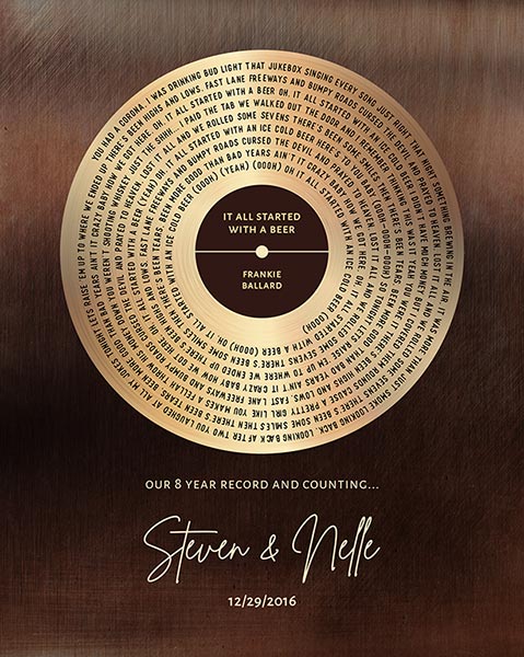 Bronze Anniversary Gift, Custom Vinyl Lyrics, 8th Anniversary Wedding Song Gift – Custom Art Print for Steven H