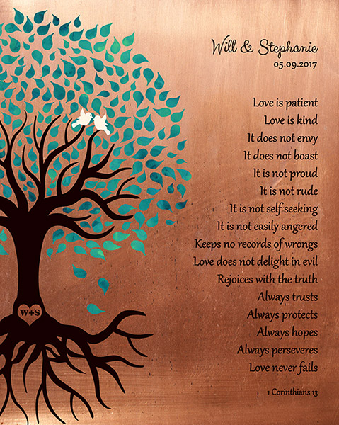 7 Year Anniversary Copper and Turquoise Tree Corinthians – Custom Art Print for William S